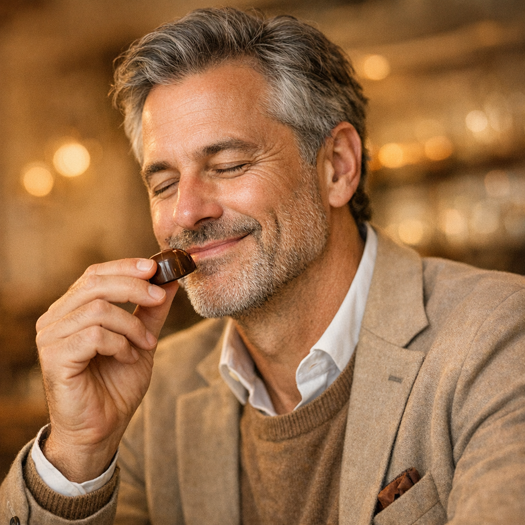 Zadowolony klient degustuje pralinki Słodka Perła