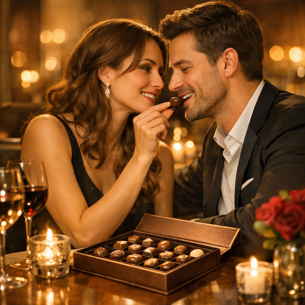 Para świętująca rocznicę z pralinkami Słodka Perła